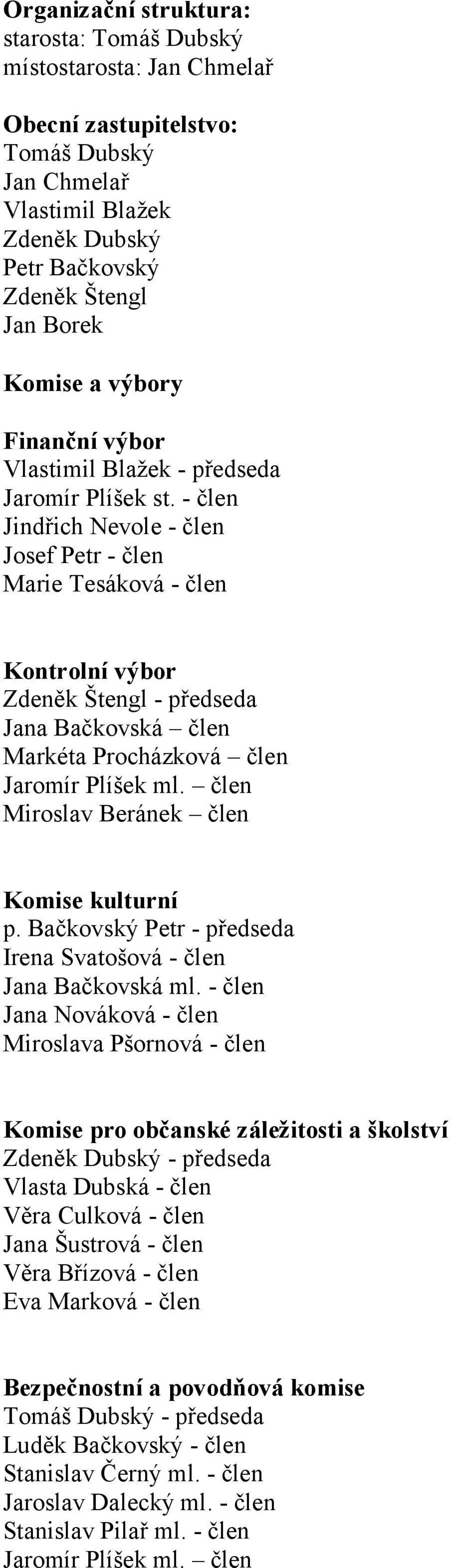 - člen Jindřich Nevole - člen Josef Petr - člen Marie Tesáková - člen Kontrolní výbor Zdeněk Štengl - předseda Jana Bačkovská člen Markéta Procházková člen Jaromír Plíšek ml.