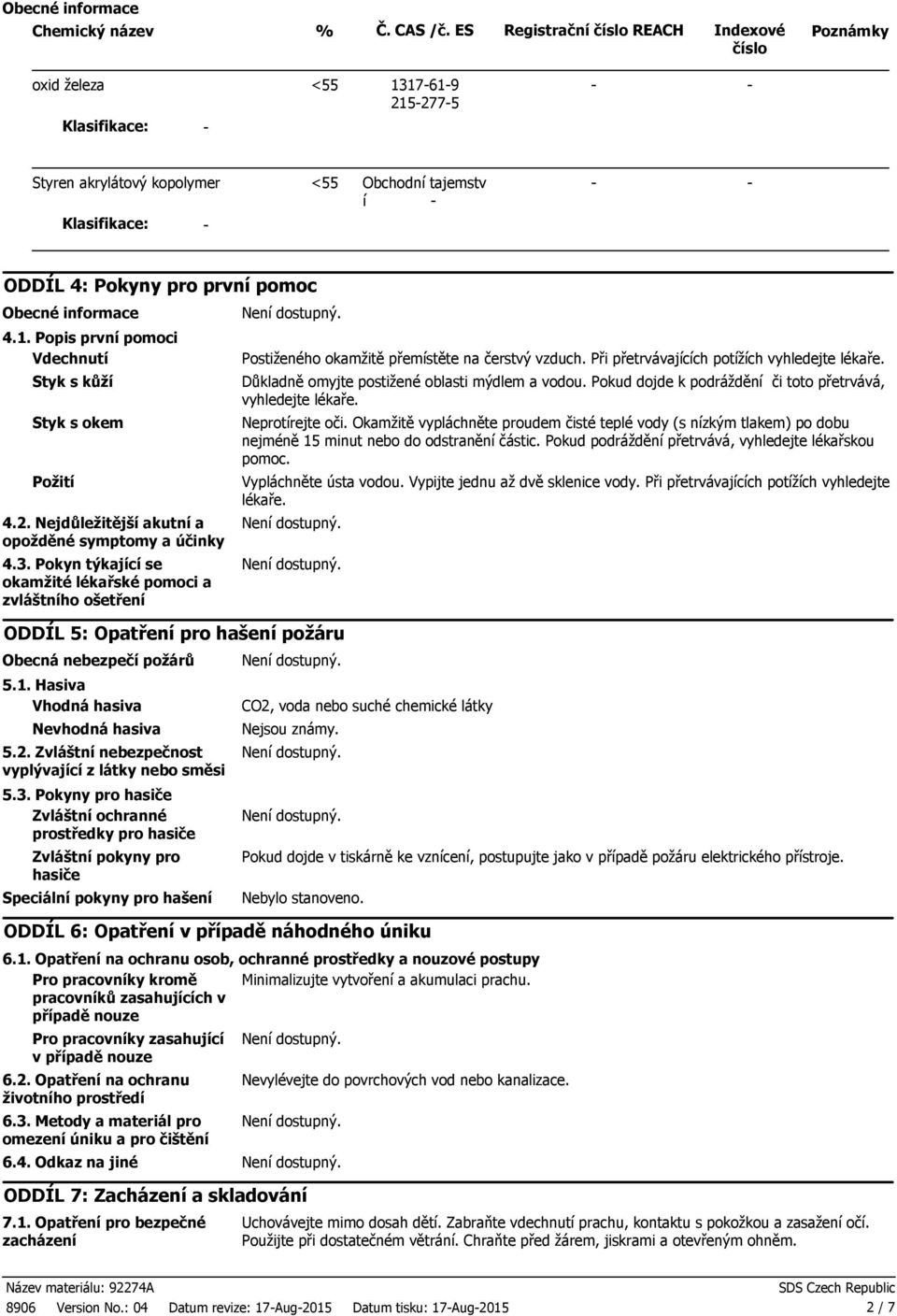 informace 4.1. Popis první pomoci Vdechnutí Styk s kůží Styk s okem Požití 4.2. Nejdůležitější akutní a opožděné symptomy a účinky 4.3.