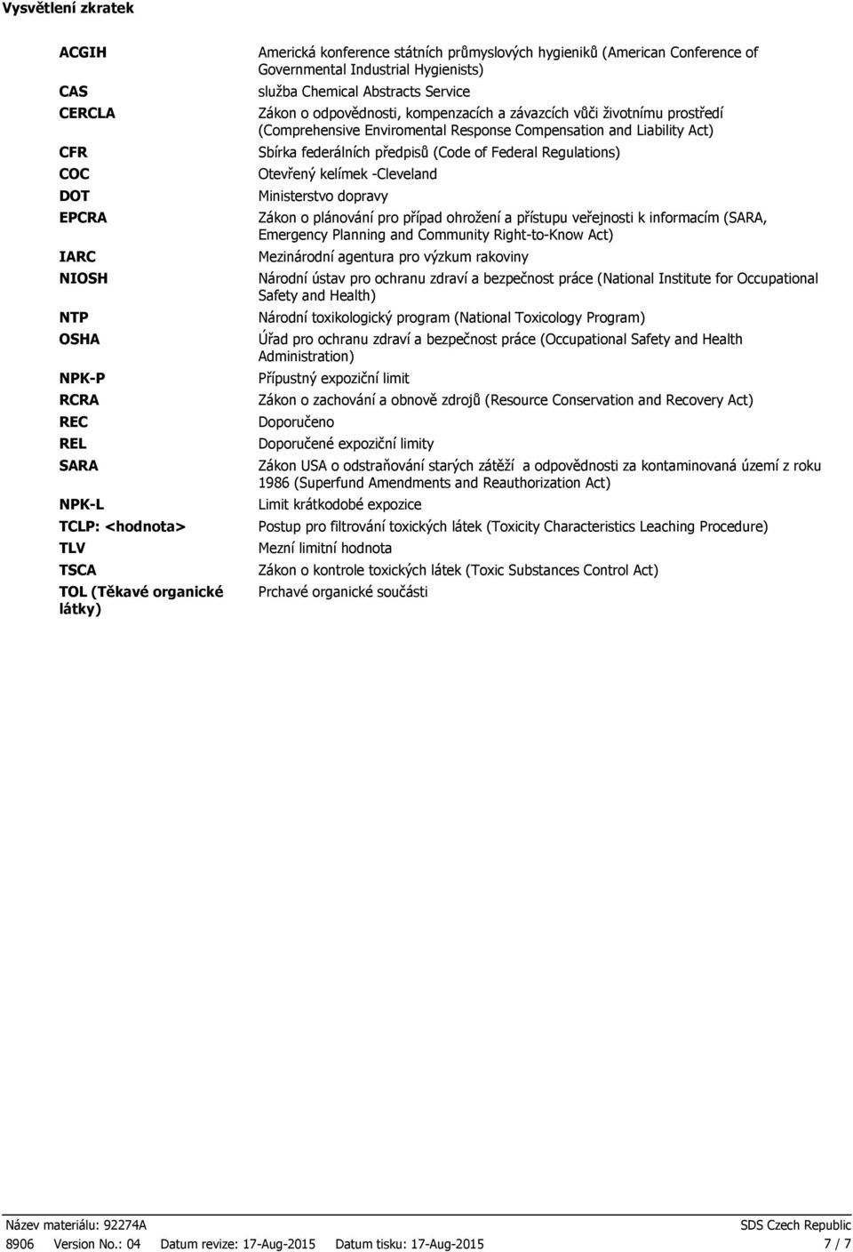 Enviromental Response Compensation and Liability Act) Sbírka federálních předpisů (Code of Federal Regulations) Otevřený kelímek Cleveland Ministerstvo dopravy Zákon o plánování pro případ ohrožení a