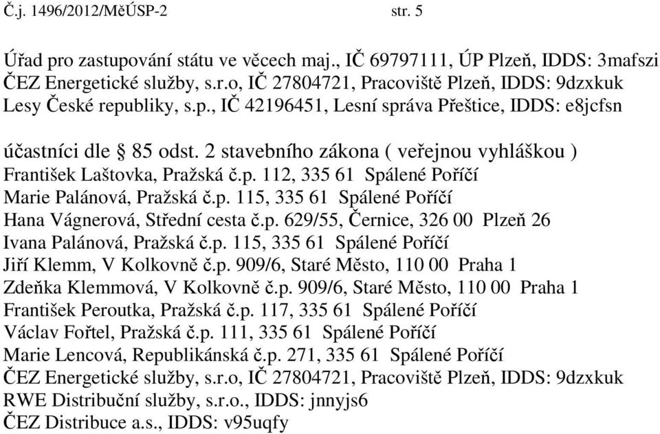 p. 115, 335 61 Spálené Poříčí Hana Vágnerová, Střední cesta č.p. 629/55, Černice, 326 00 Plzeň 26 Ivana Palánová, Pražská č.p. 115, 335 61 Spálené Poříčí Jiří Klemm, V Kolkovně č.p. 909/6, Staré Město, 110 00 Praha 1 Zdeňka Klemmová, V Kolkovně č.