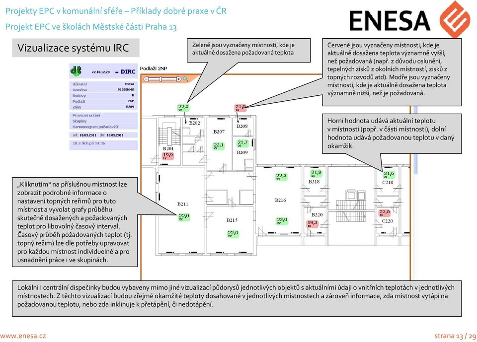 Modře jsou vyznačeny místnosti, kde je aktuálně dosažena teplota významně nižší, než je požadovaná. Horní hodnota udává á aktuální teplotu v místnosti (popř.