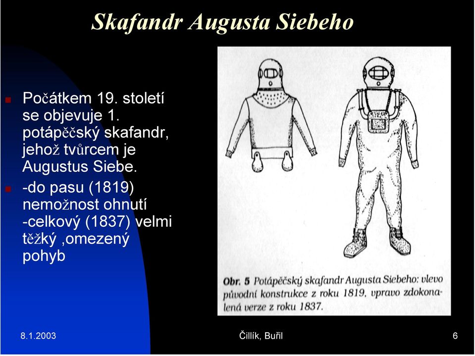 potápěčský skafandr, jehož tvůrcem je Augustus Siebe.