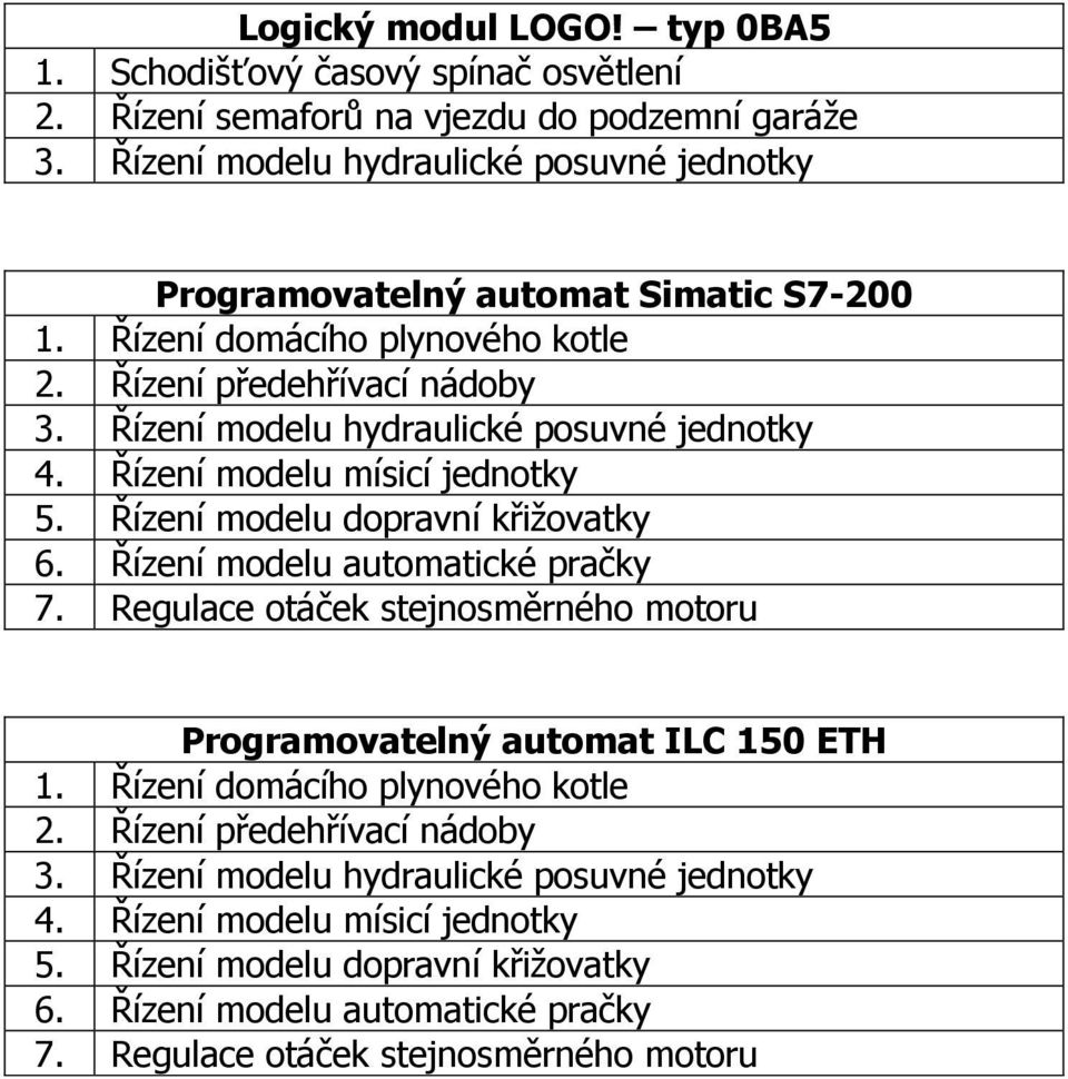 Řízení modelu hydraulické posuvné jednotky 4. Řízení modelu mísicí jednotky 5. Řízení modelu dopravní křižovatky 6. Řízení modelu automatické pračky 7.