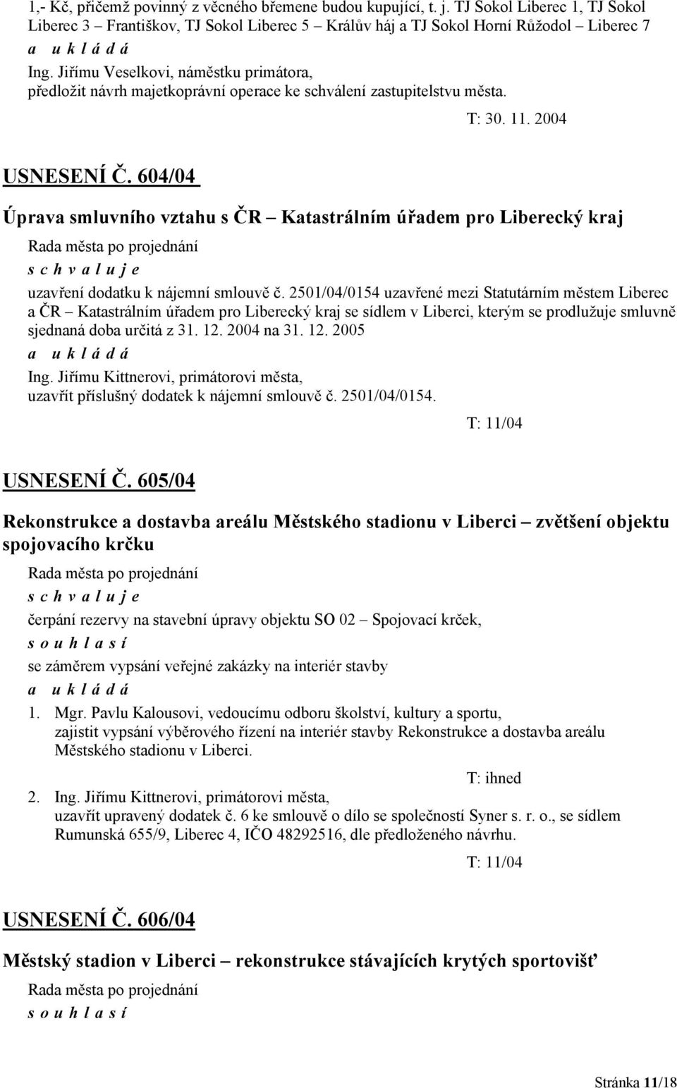 604/04 Úprava smluvního vztahu s ČR Katastrálním úřadem pro Liberecký kraj uzavření dodatku k nájemní smlouvě č.