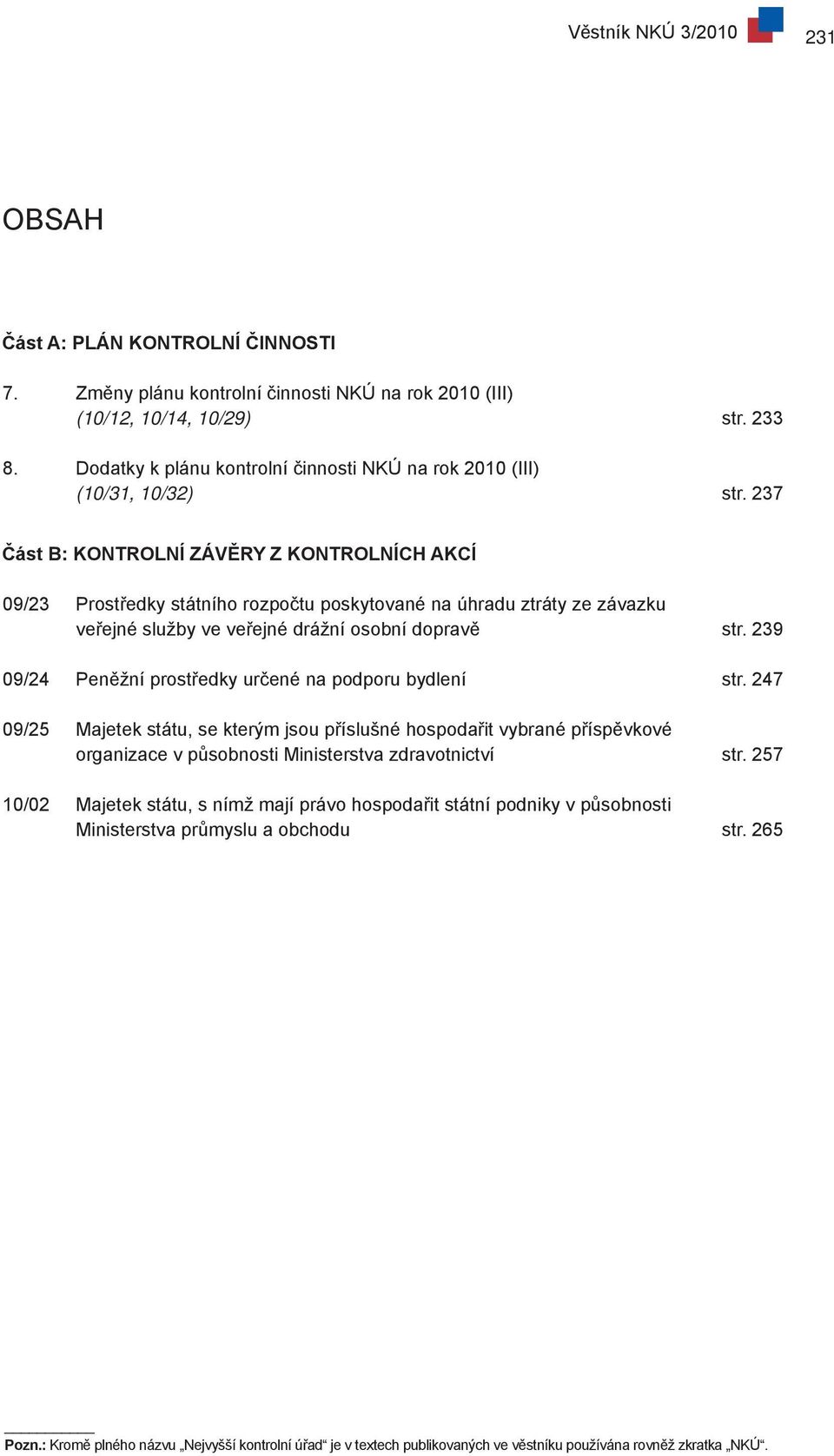 237 Část B: KONTROLNÍ ZÁVĚRY Z KONTROLNÍCH AKCÍ 09/23 Prostředky státního rozpočtu poskytované na úhradu ztráty ze závazku veřejné služby ve veřejné drážní osobní dopravě str.