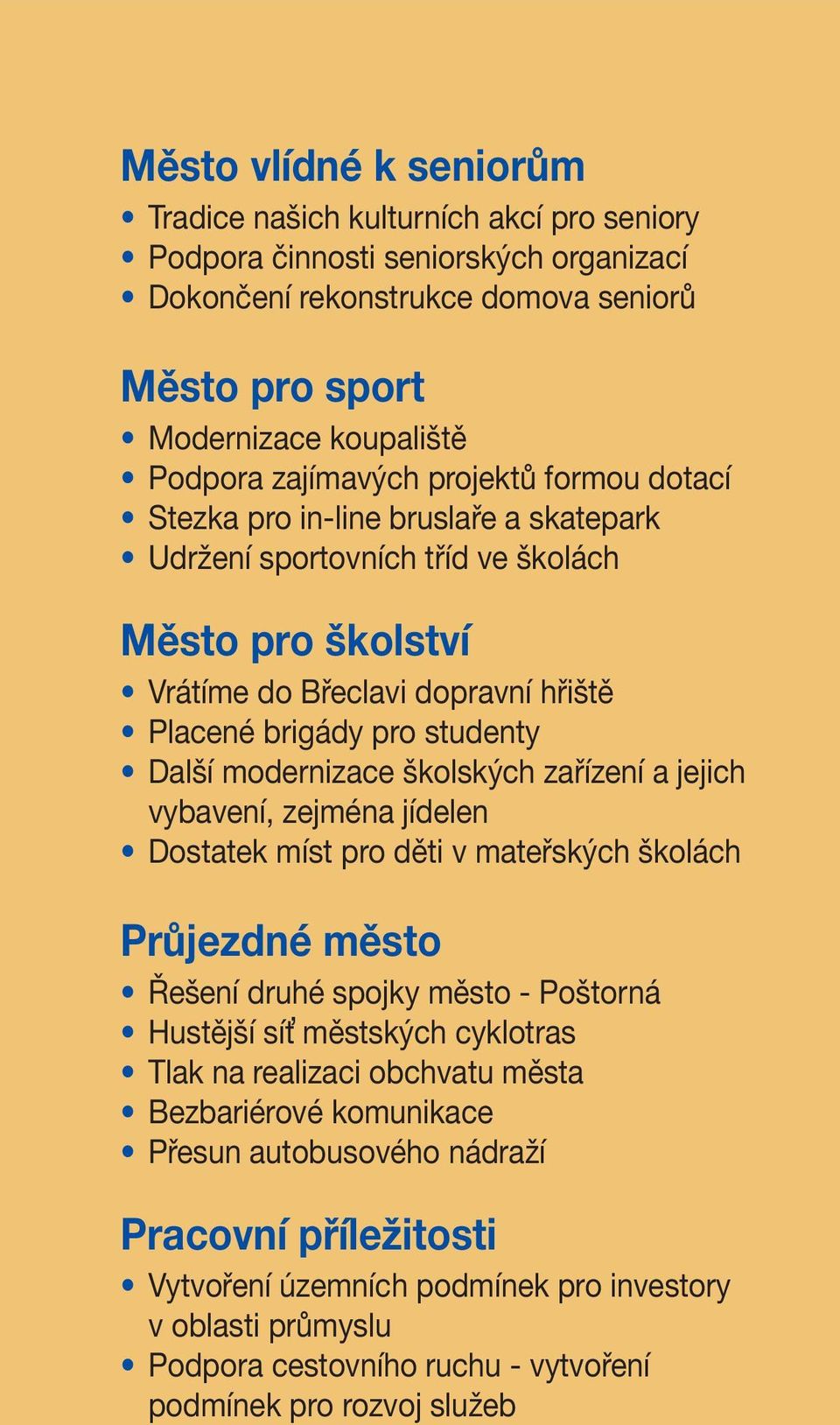 modernizace školských zařízení a jejich vybavení, zejména jídelen Dostatek míst pro děti v mateřských školách Průjezdné město Řešení druhé spojky město - Poštorná Hustější síť městských cyklotras