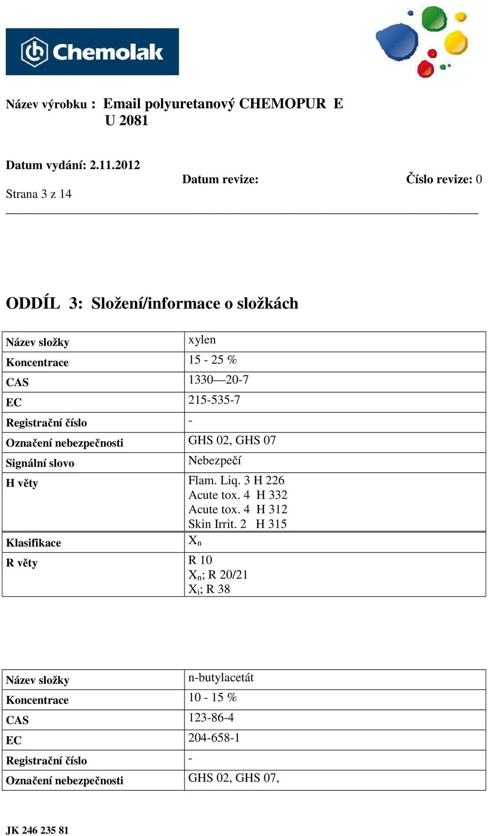 3 H 226 Acute tox. 4 H 332 Acute tox. 4 H 312 Skin Irrit.