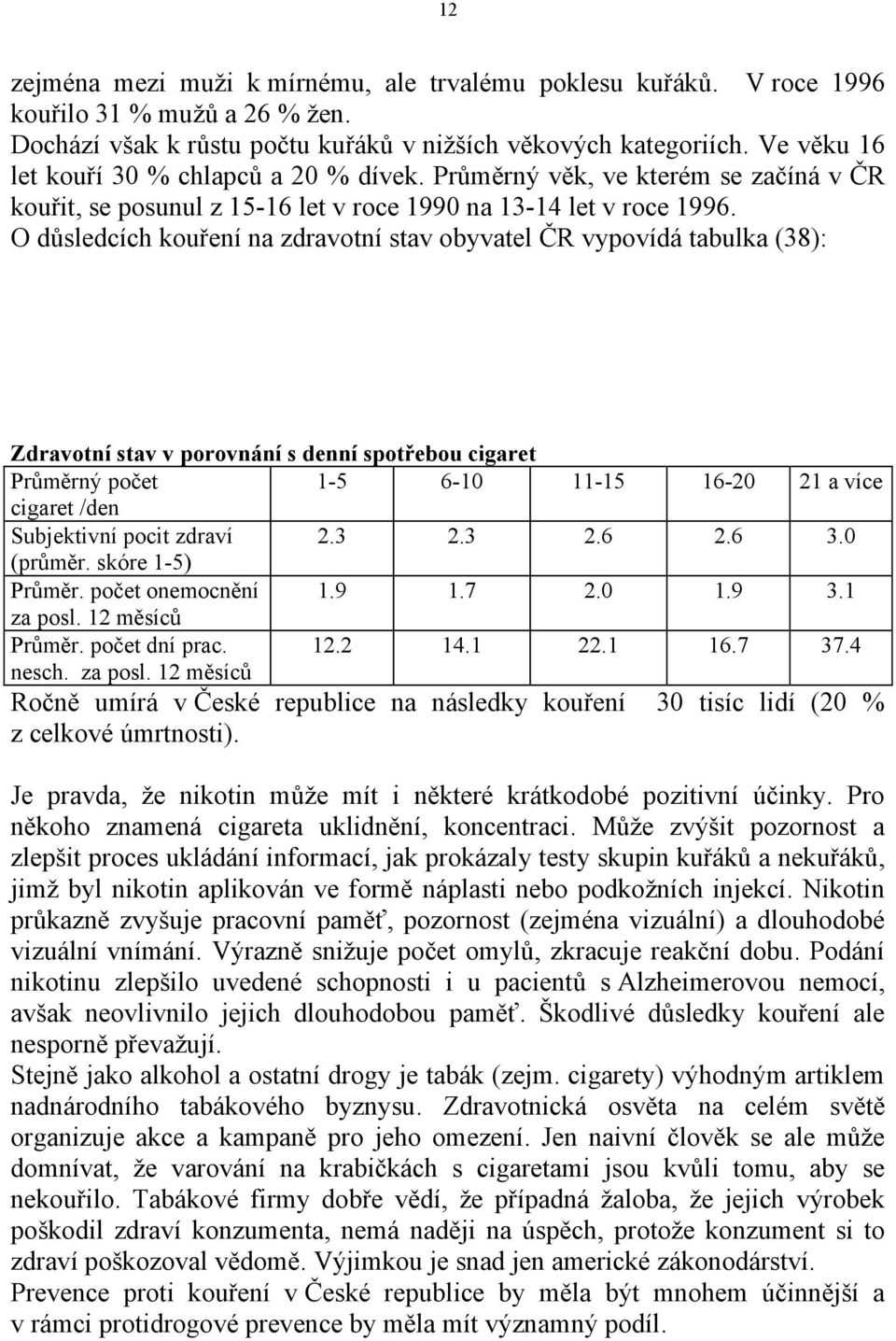 O důsledcích kouření na zdravotní stav obyvatel ČR vypovídá tabulka (38): Zdravotní stav v porovnání s denní spotřebou cigaret Průměrný počet 1-5 6-10 11-15 16-20 21 a více cigaret /den Subjektivní