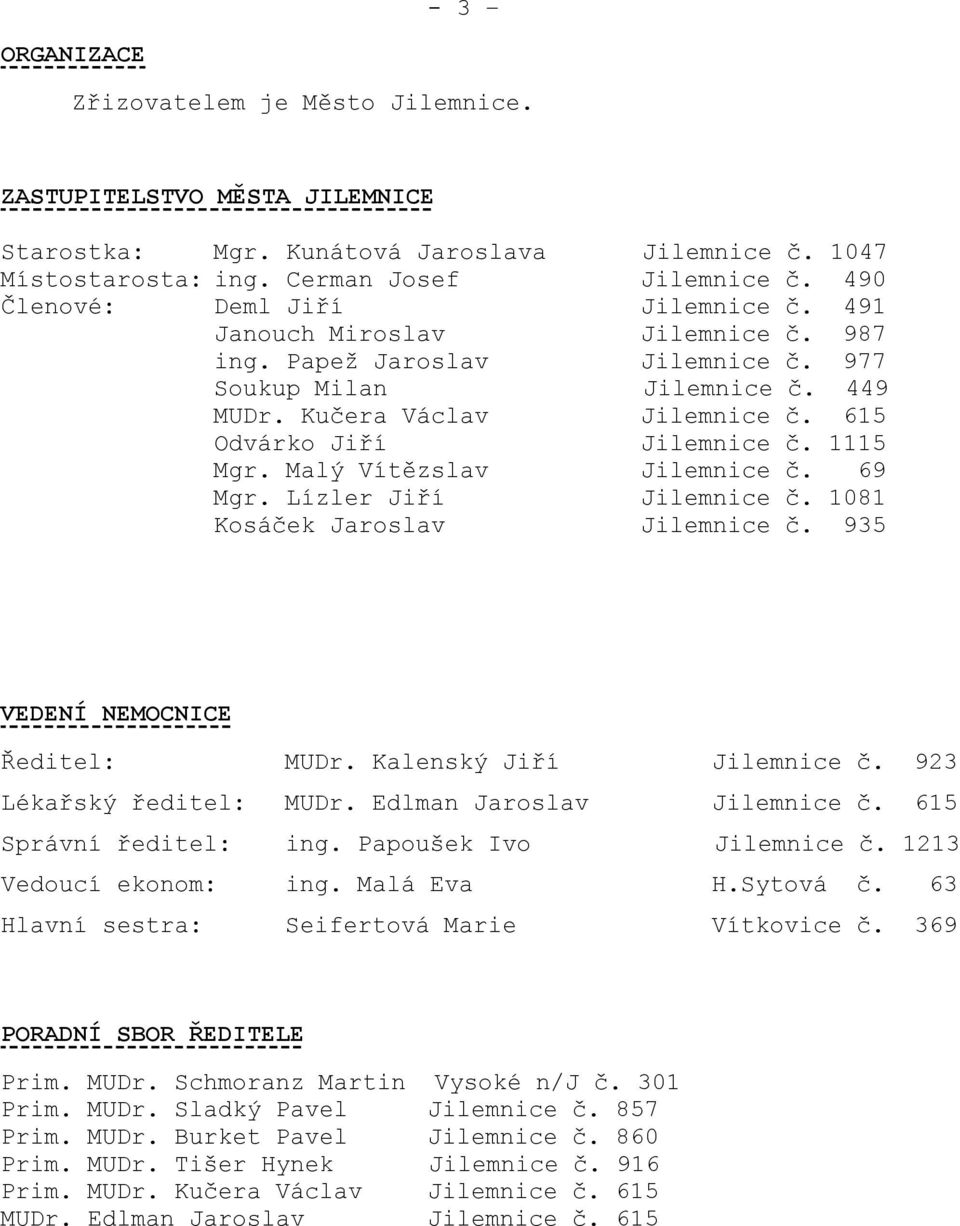 615 Odvárko Jiří Jilemnice č. 1115 Mgr. Malý Vítězslav Jilemnice č. 69 Mgr. Lízler Jiří Jilemnice č. 1081 Kosáček Jaroslav Jilemnice č. 935 VEDENÍ NEMOCNICE Ředitel: MUDr. Kalenský Jiří Jilemnice č.