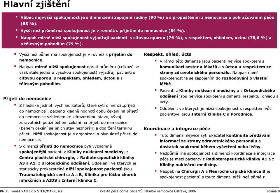 Naopak mírně nižší spokojenost vyjadřují pacienti s citovou oporou (76 %), s respektem, ohledem, úctou (78,6 %) a s tělesným pohodlím (79 %).