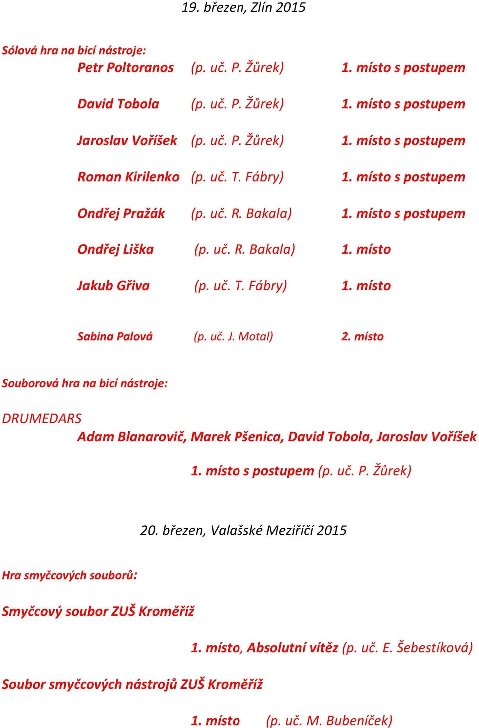 místo Souborová hra na bicí nástroje: DRUMEDARS Adam Blanarovič, Marek Pšenica, David Tobola, Jaroslav Voříšek (p. uč. P. Žůrek) 20.