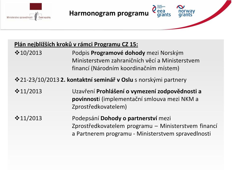 kontaktní seminář v Oslu s norskými partnery 11/2013 Uzavření Prohlášení o vymezení zodpovědnosti a povinnosti (implementační