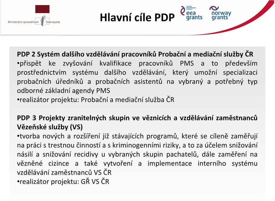 zranitelných skupin ve věznicích a vzdělávání zaměstnanců Vězeňské služby (VS) tvorba nových a rozšíření již stávajících programů, které se cíleně zaměřují na práci strestnou činností a s