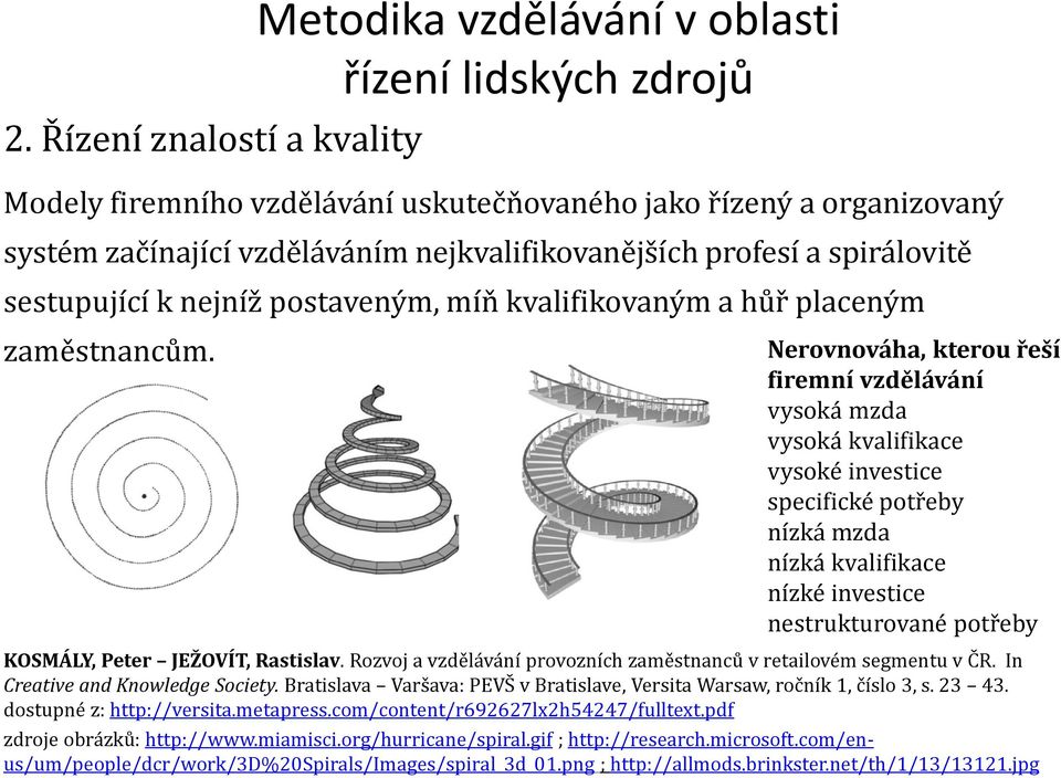 Nerovnováha, kterou řeší firemní vzdělávání vysoká mzda vysoká kvalifikace vysoké investice specifické potřeby nízká mzda nízká kvalifikace nízké investice nestrukturované potřeby KOSMÁLY, Peter