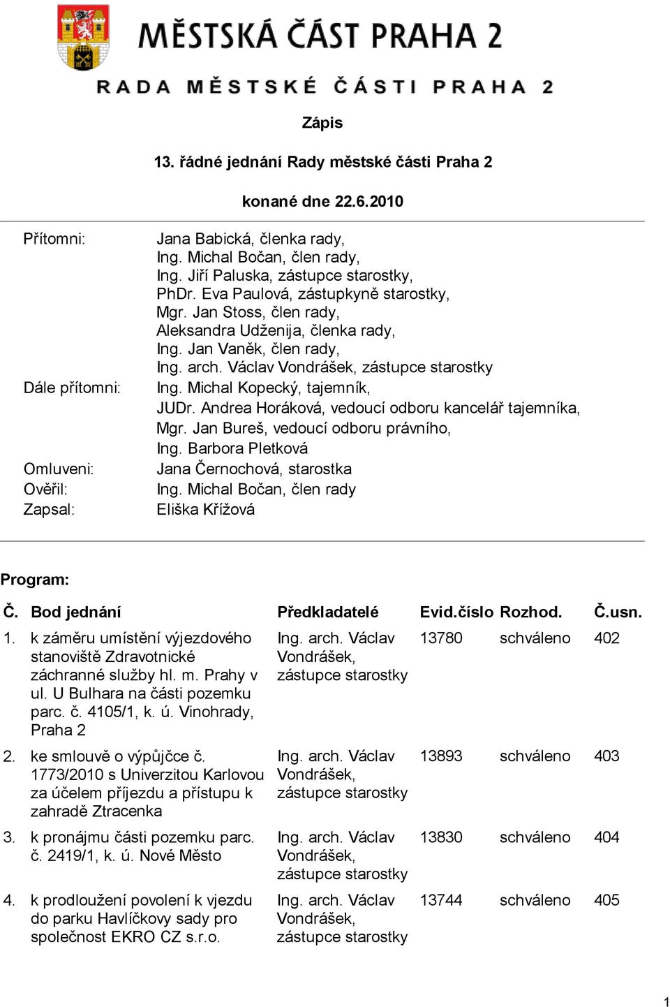 Václav Vondrášek, zástupce starostky Ing. Michal Kopecký, tajemník, JUDr. Andrea Horáková, vedoucí odboru kancelář tajemníka, Mgr. Jan Bureš, vedoucí odboru právního, Ing.