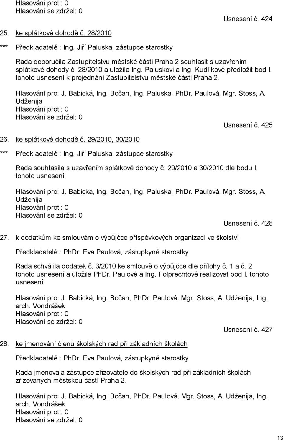 tohoto usnesení k projednání Zastupitelstvu městské části Praha 2. Hlasování pro: J. Babická, Ing. Bočan, Ing. Paluska, PhDr. Paulová, Mgr. Stoss, A.