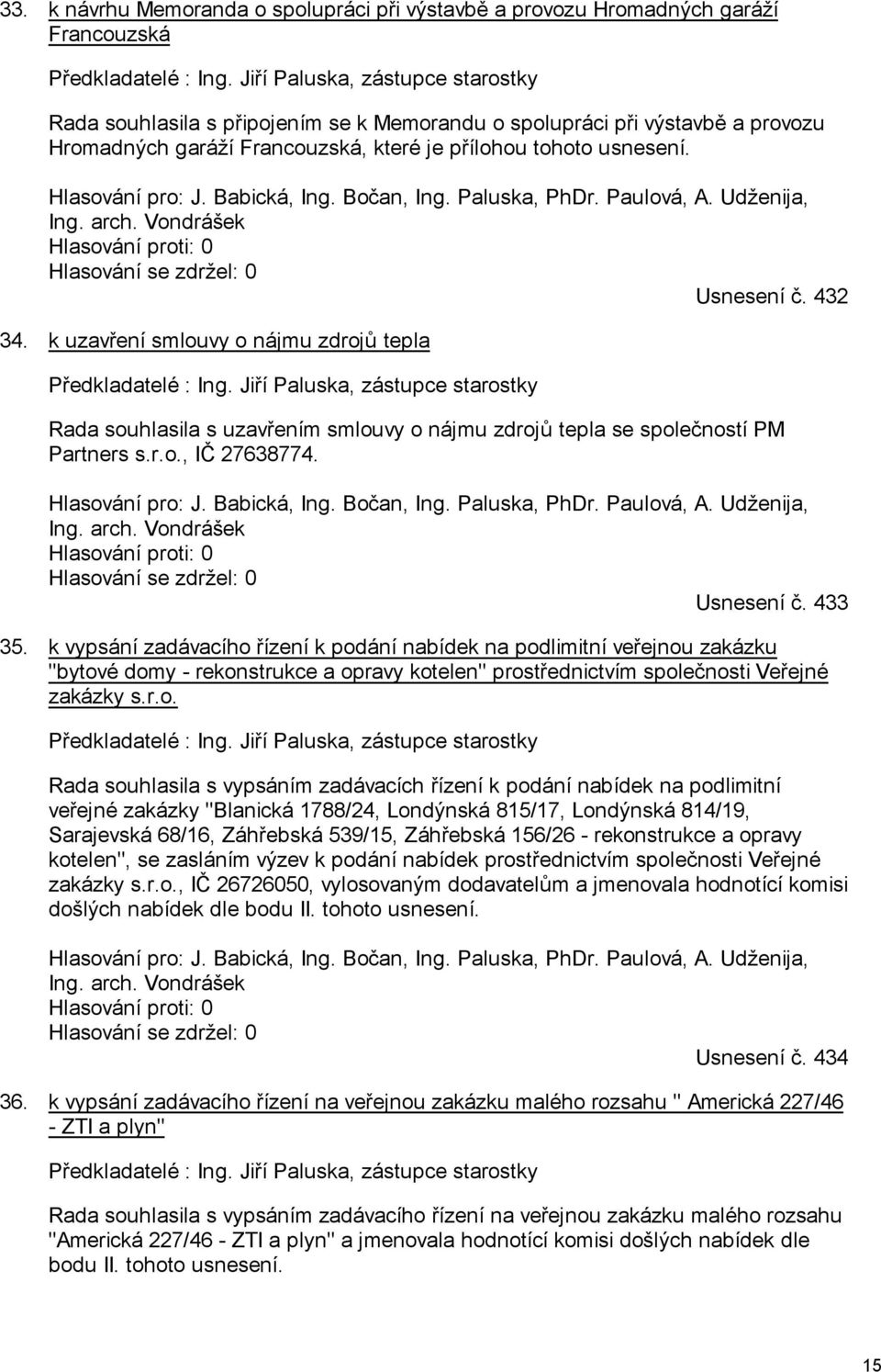 Babická, Ing. Bočan, Ing. Paluska, PhDr. Paulová, A. Udženija, Ing. arch. Vondrášek Hlasování proti: 0 Hlasování se zdržel: 0 Usnesení č. 432 34.