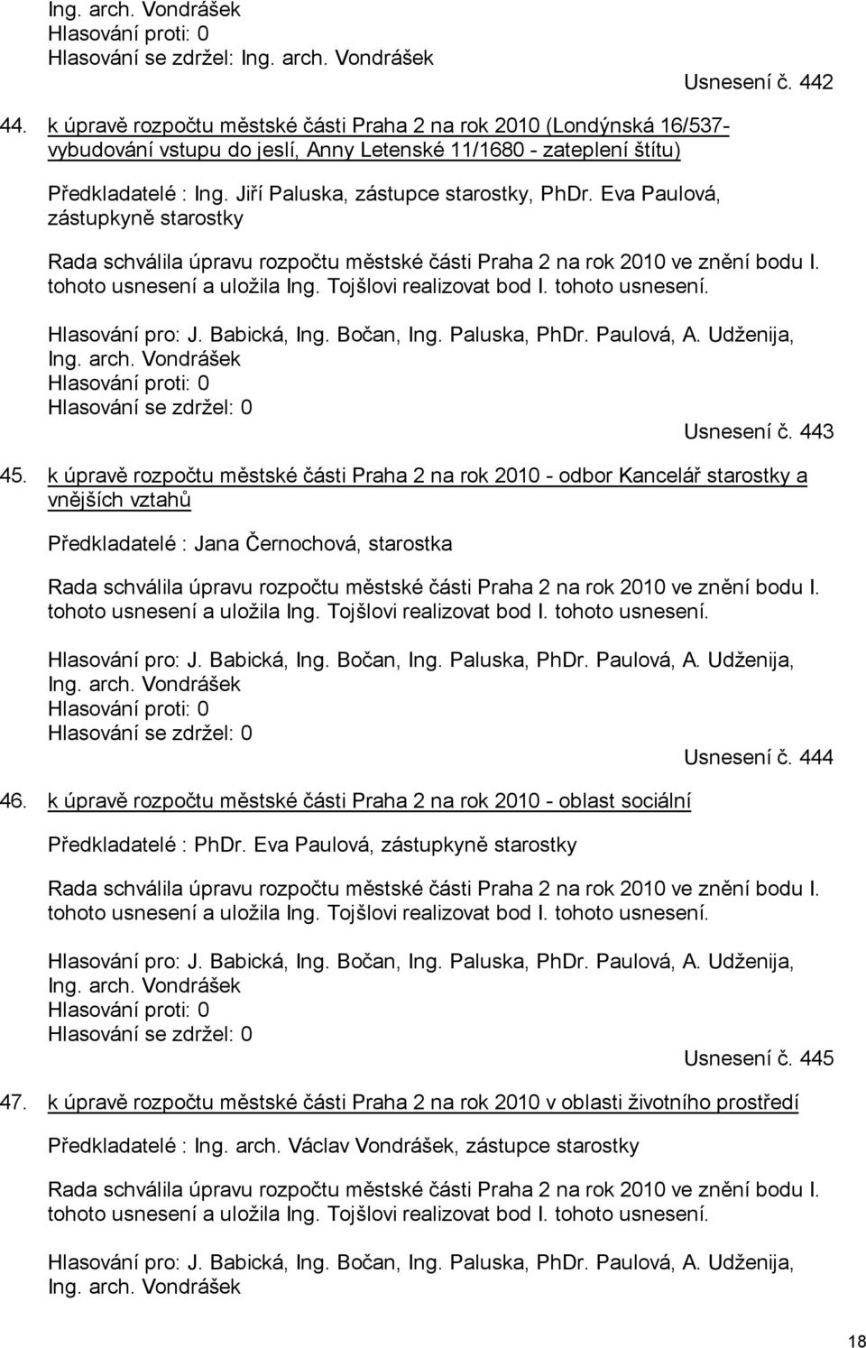 Eva Paulová, zástupkyně starostky Rada schválila úpravu rozpočtu městské části Praha 2 na rok 2010 ve znění bodu I. tohoto usnesení a uložila Ing. Tojšlovi realizovat bod I. tohoto usnesení. Hlasování pro: J.