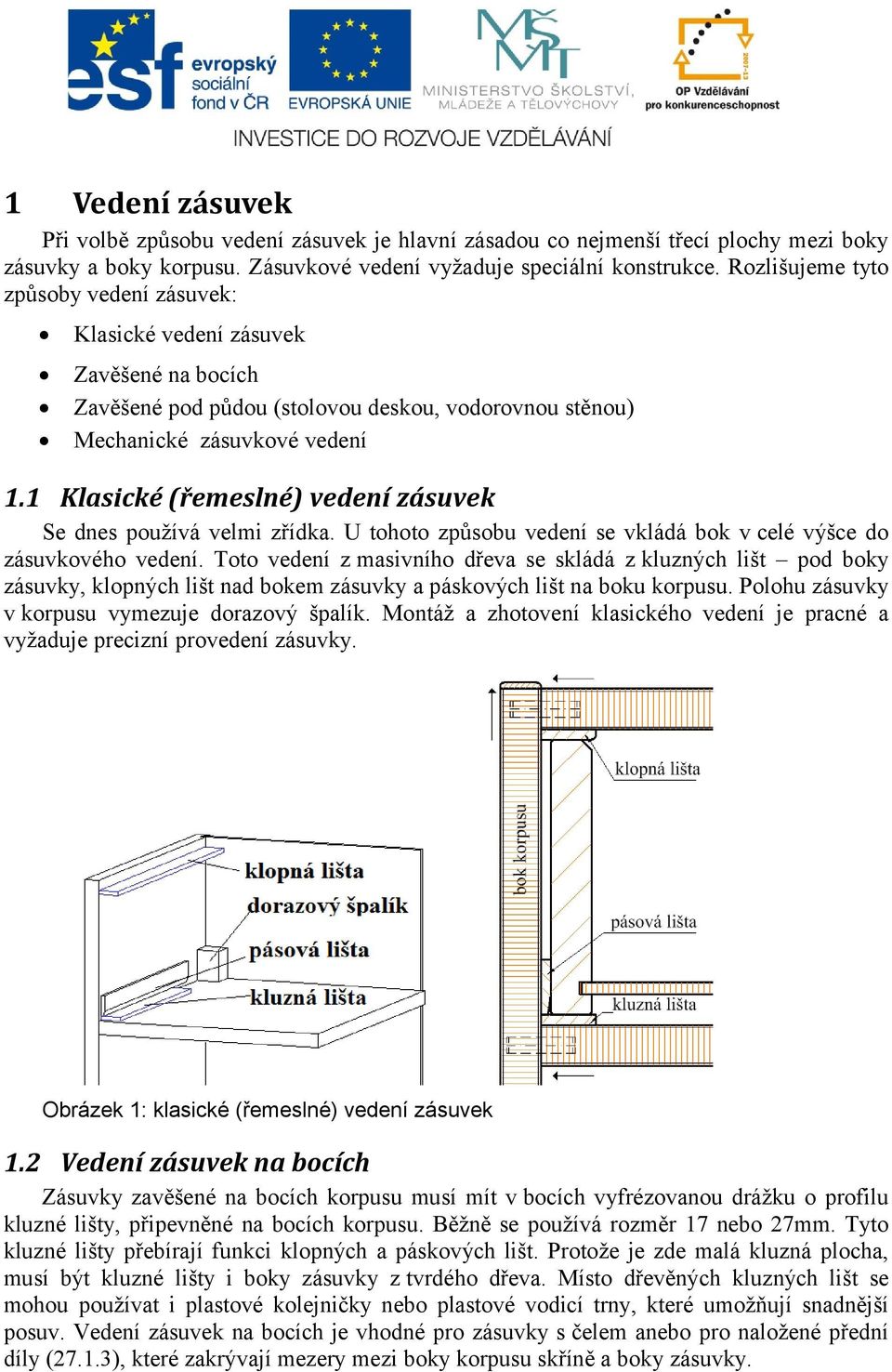 1 Klasické (řemeslné) vedení zásuvek Se dnes používá velmi zřídka. U tohoto způsobu vedení se vkládá bok v celé výšce do zásuvkového vedení.