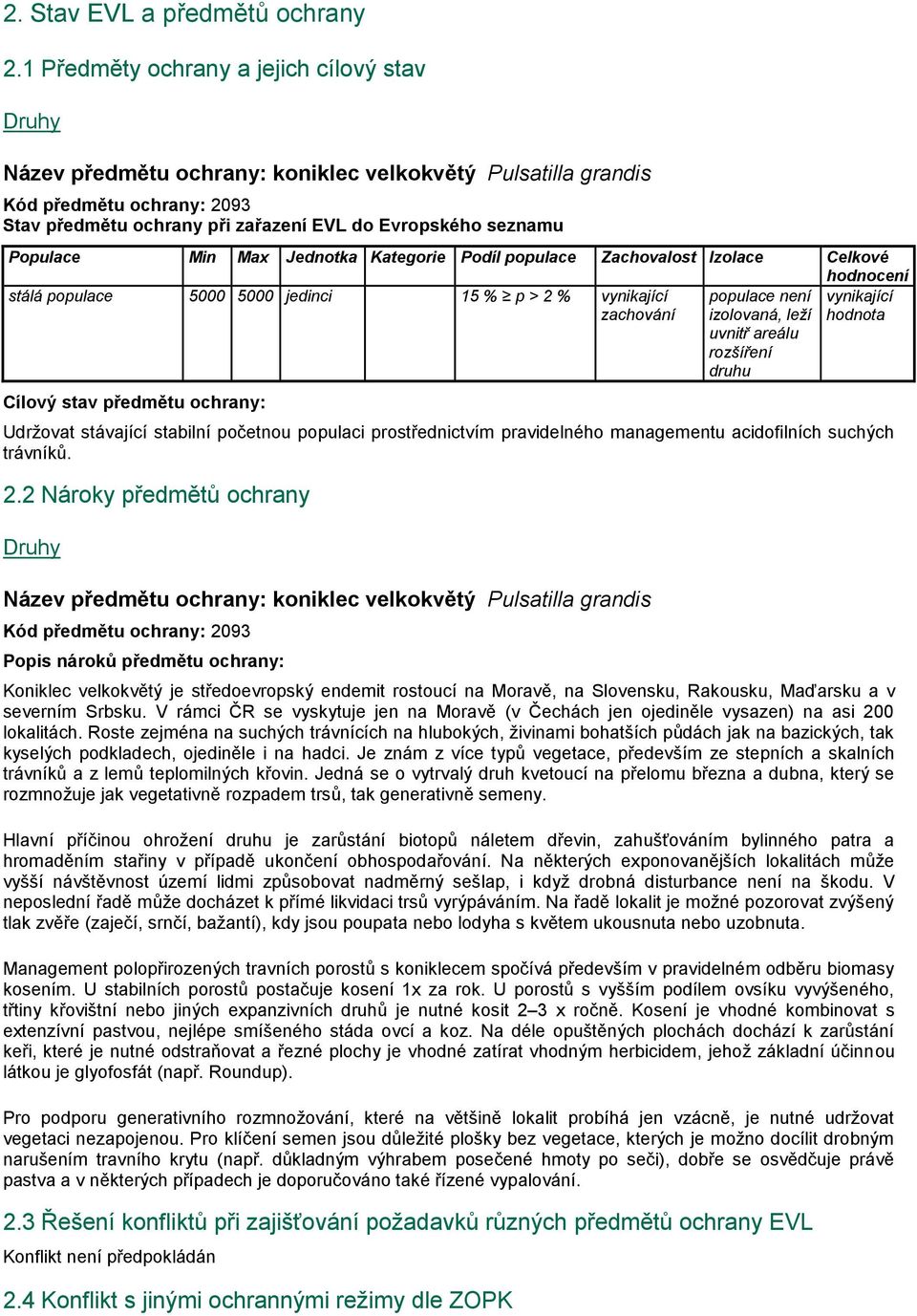 Populace Min Max Jednotka Kategorie Podíl populace Zachovalost Izolace Celkové hodnocení stálá populace 5000 5000 jedinci 15 % p > 2 % vynikající populace není vynikající zachování izolovaná, leží