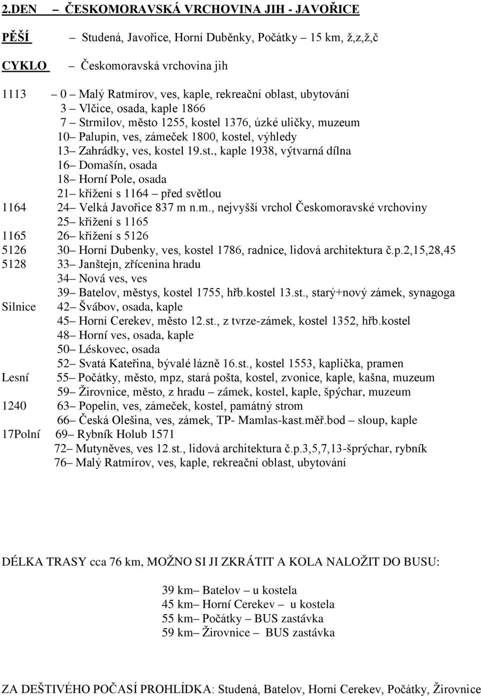 m., nejvyšší vrchol Českomoravské vrchoviny 25 křížení s 1165 1165 26 křížení s 5126 5126 30 Horní Dubenky, ves, kostel 1786, radnice, lidová architektura č.p.