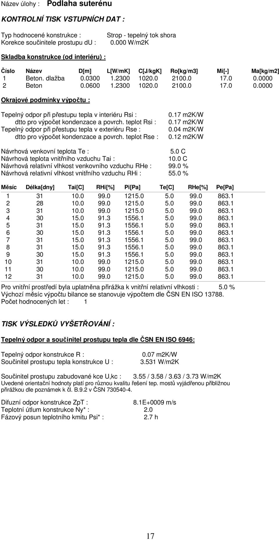 0000 2 Beton 0.0600 1.2300 1020.0 2100.0 17.0 0.0000 Okrajové podmínky výpočtu : Tepelný odpor při přestupu tepla v interiéru Rsi : dtto pro výpočet kondenzace a povrch.