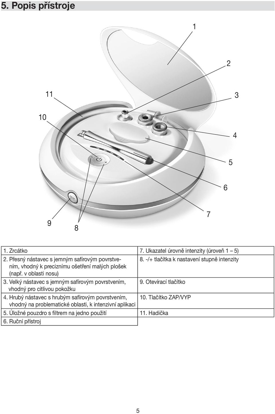 -/+ tlačítka k nastavení stupně intenzity (např. v oblasti nosu) 3. Velký nástavec s jemným safírovým povrstvením, 9.