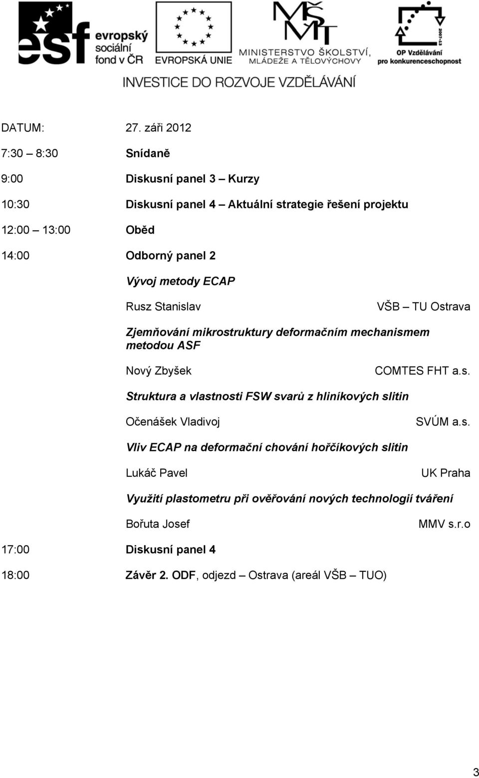 Vývoj metody ECAP Rusz Stanislav VŠB TU Ostrava Zjemňování mikrostruktury deformačním mechanismem metodou ASF Nový Zbyšek COMTES FHT a.s. Struktura a vlastnosti FSW svarů z hliníkových slitin Očenášek Vladivoj SVÚM a.