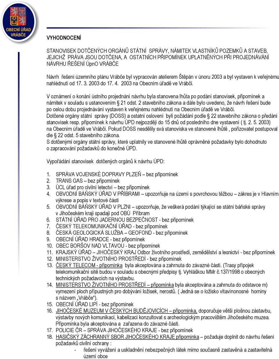 V oznámení o konání ústního projednání návrhu byla stanovena lhůta po podání stanovisek, připomínek a námitek v souladu s ustanovením 21 odst.
