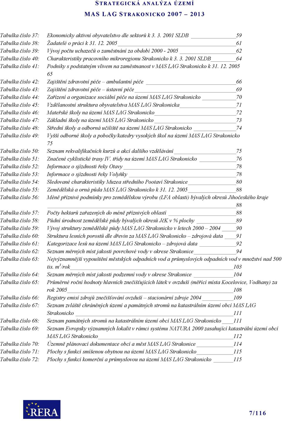 12. 2005 65 Tabulka číslo 42: Zajištění zdravotní péče ambulantní péče 66 Tabulka číslo 43: Zajištění zdravotní péče ústavní péče 69 Tabulka číslo 44: Zařízení a organizace sociální péče na území MAS