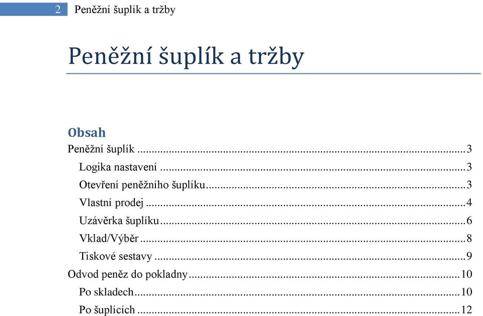 .. 3 Vlastní prodej... 4 Uzávěrka šuplíku... 6 Vklad/Výběr.