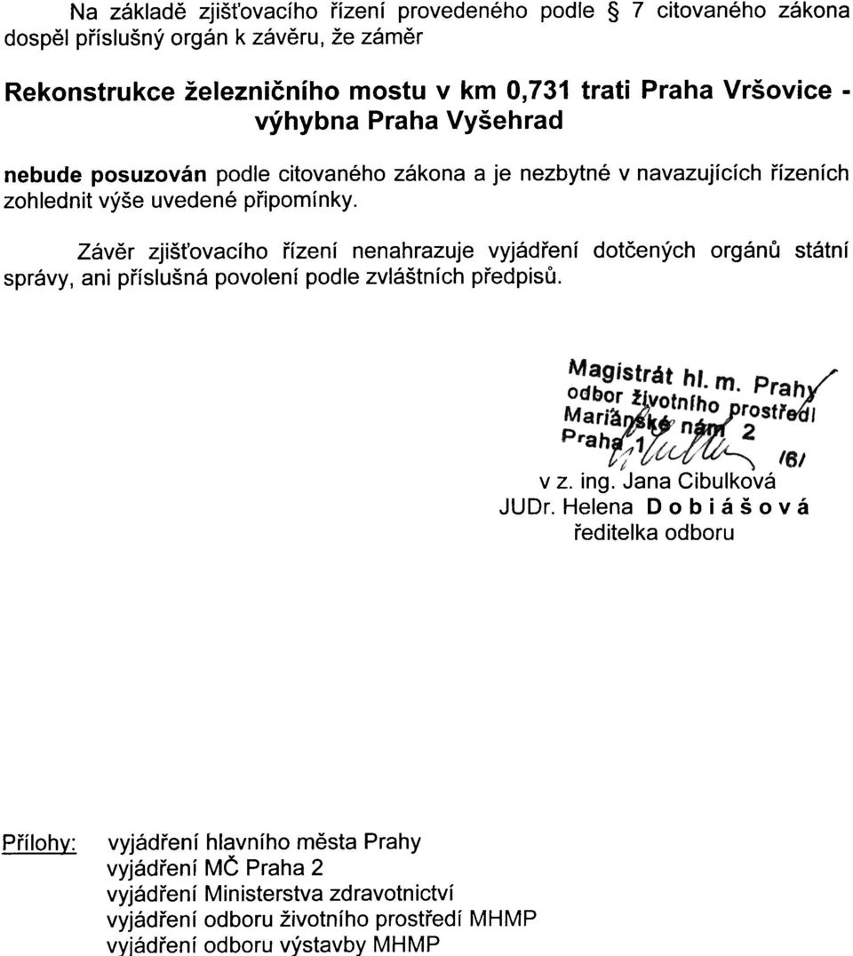 Závìr zjiš ovacího øízení nenahrazuje vyjádøení dotèených orgánù státní správy, ani pøíslušná povolení podle zvláštních pøedpisù. v z. ing. 'Jana Cibulková JUDr.