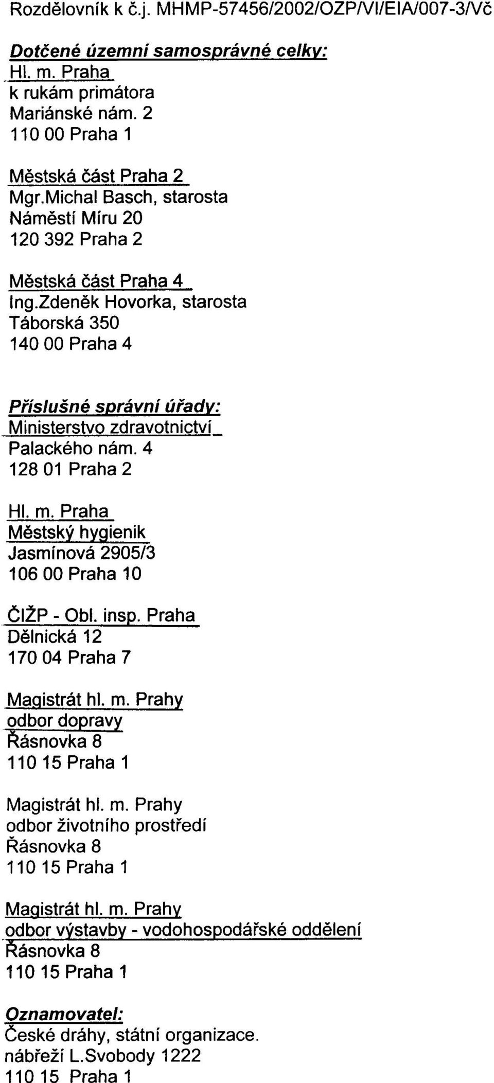 4 12801 Praha 2 Hl. m. Praha Mìstský hygienik Jasmínová 2905/3 106 00 Praha 10 ÈIŽP - Obl. insp. Praha Dìlnická 12 170 04 Praha 7 MaQistrát hl. m. Prahy Qdbor dopravy Øásnovka 8-110 15 Praha 1 Magistrát hl.