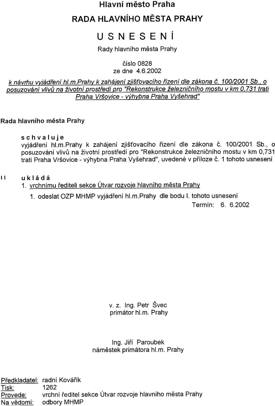 1 tohoto usnesení II ukládá 1. vrchnímu øediteli sekce Útvar rozvoje hlavního mìsta Prahy 1. odeslat alp MHMP vyjádøení hl.m.prahy dle bodu I. tohoto usnesení Termín: 6. 6.2002 v. z. Ing.