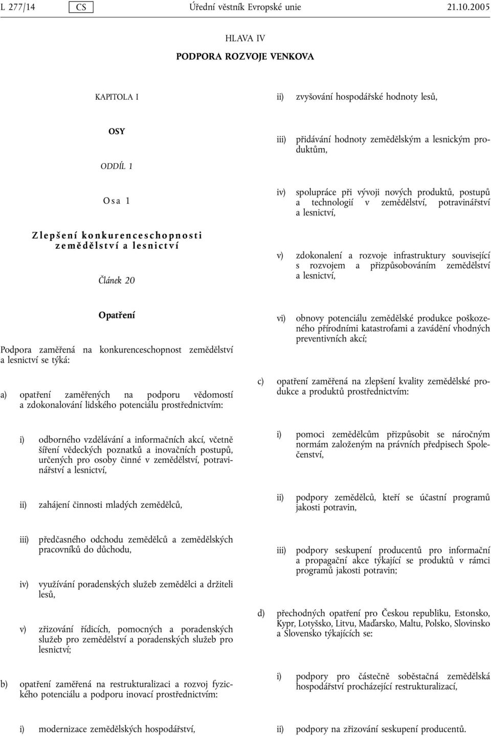 produktů, postupů a technologií v zemědělství, potravinářství a lesnictví, Zlepš ení konkurenceschopnosti země d ě lství a lesnictví Článek 20 v) zdokonalení a rozvoje infrastruktury související s