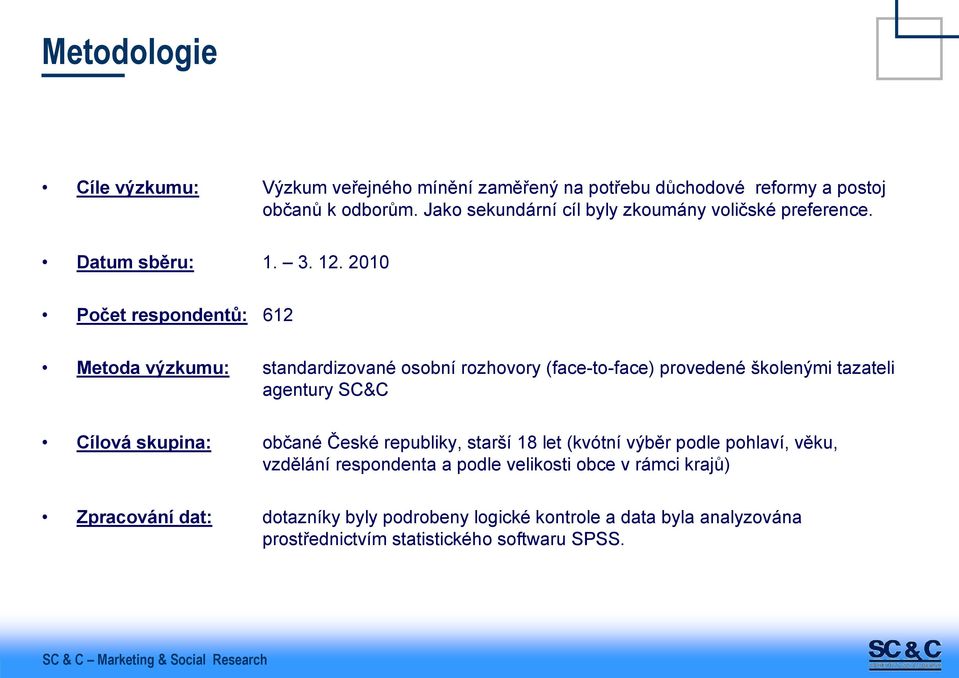 2010 Počet respondentů: 612 Metoda výzkumu: standardizované osobní rozhovory (face-to-face) provedené školenými tazateli agentury SC&C Cílová skupina: