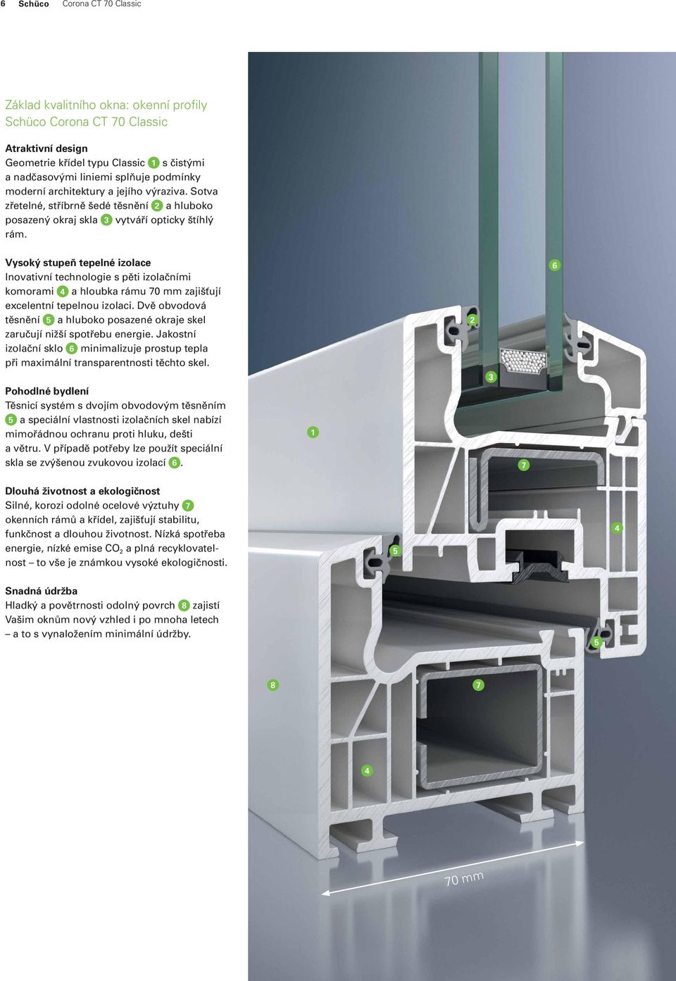 Vysoký stupeň tepelné izolace Inovativní technologie s pěti izolačními komorami 4 a hloubka rámu 70 mm zajišťují excelentní tepelnou izolaci.