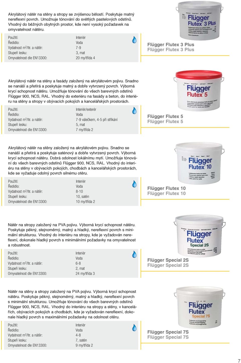 a nátěr: 7-9 3, mat Omyvatelnost dle EN13300: 20 my/třída 4 Flügger Flutex 3 Plus Flügger Flutex 3 Plus Akrylátový nátěr na stěny a fasády založený na akrylátovém pojivu.