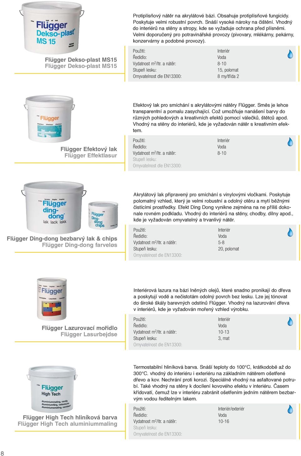 Flügger Dekso-plast MS15 Flügger Dekso-plast MS15 Vydatnost m 2 /ltr. a nátěr: 8-10 15, polomat Omyvatelnost dle EN13300: 8 my/třída 2 Efektový lak pro smíchání s akrylátovými nátěry Flügger.