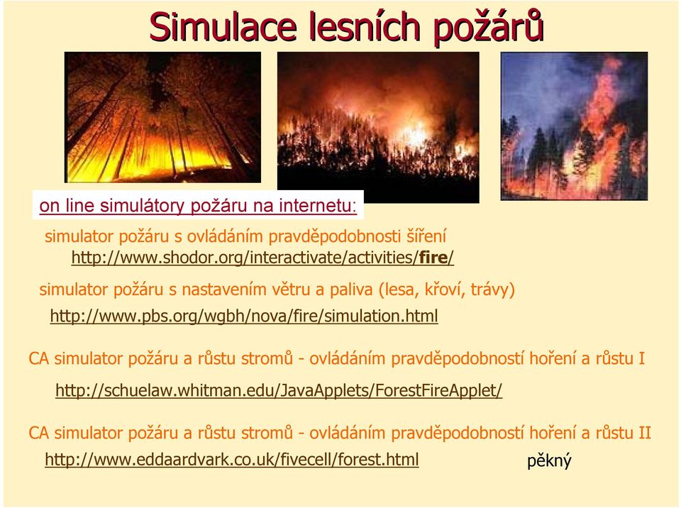 org/wgbh/nova/fire/simulation.html CA simulator požáru a růstu stromů - ovládáním pravděpodobností hoření a růstu I http://schuelaw.whitman.