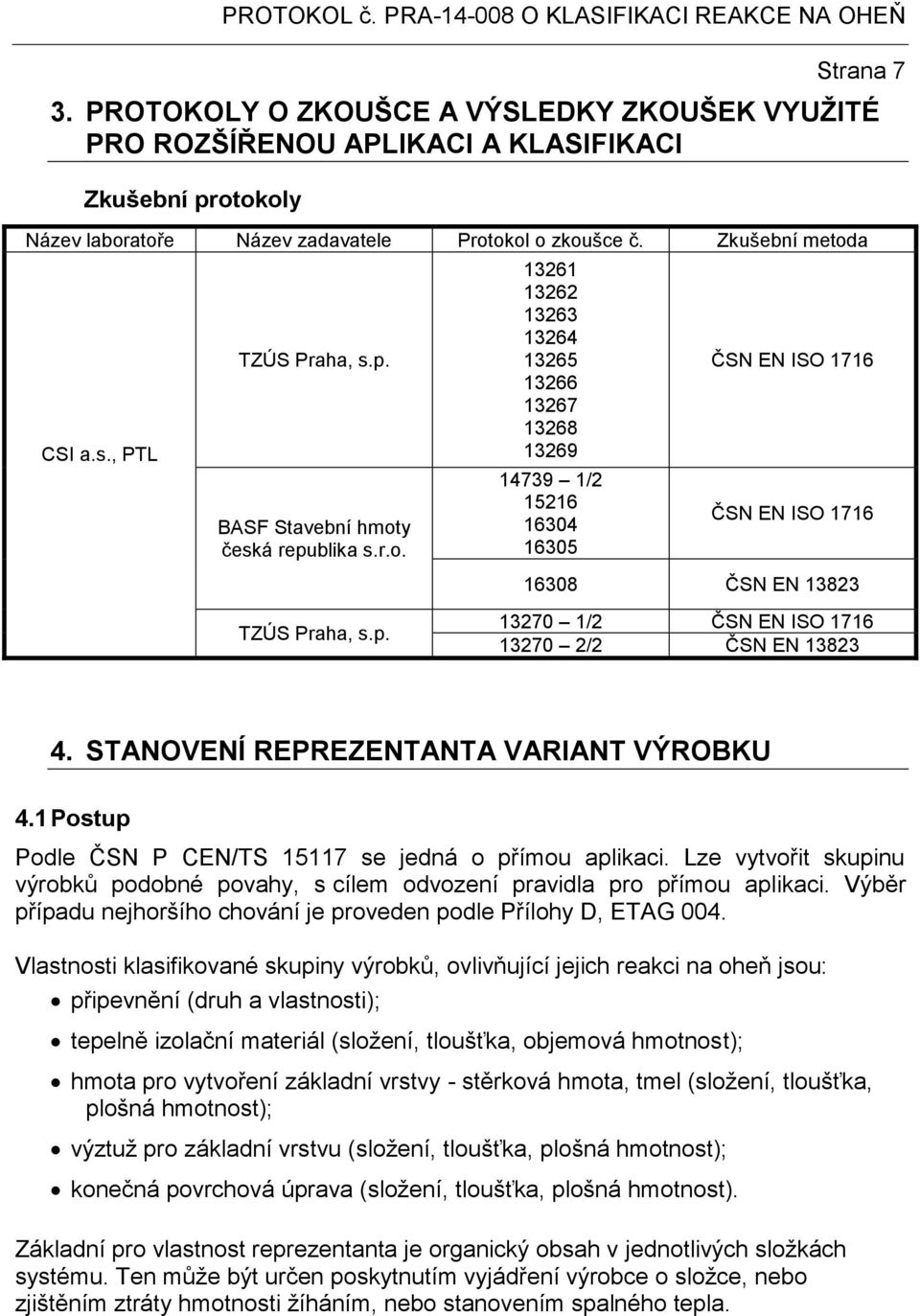 STANOVENÍ REPREZENTANTA VARIANT VÝROBKU 4.1 Postup Podle ČSN P CEN/TS 15117 se jedná o přímou aplikaci. Lze vytvořit skupinu výrobků podobné povahy, s cílem odvození pravidla pro přímou aplikaci.