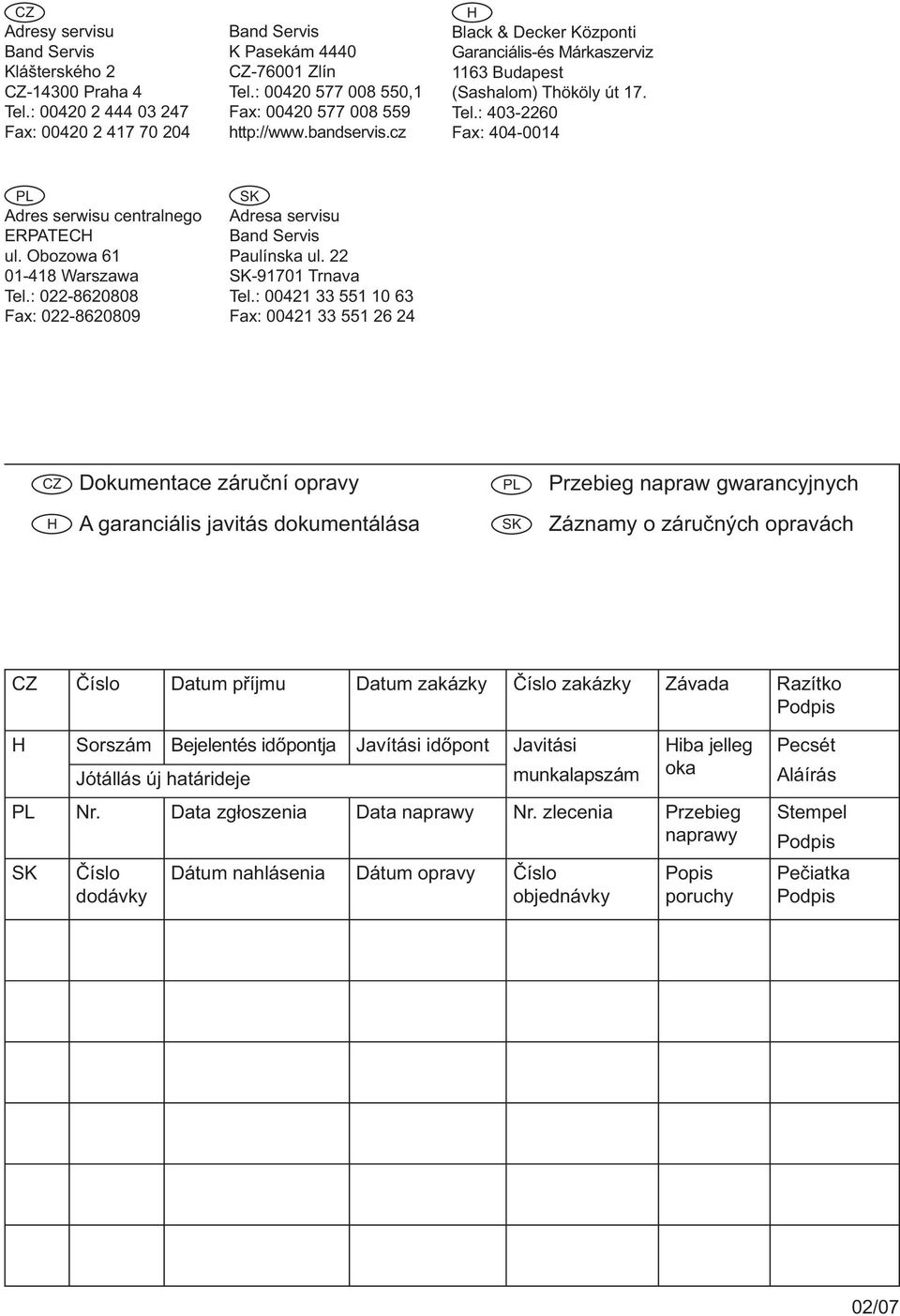 : 403-2260 Fax: 404-0014 PL Adres serwisu centralnego ERPATECH ul. Obozowa 61 01-418 Warszawa Tel.: 022-8620808 Fax: 022-8620809 SK Adresa servisu Band Servis Paulínska ul. 22 SK-91701 Trnava Tel.