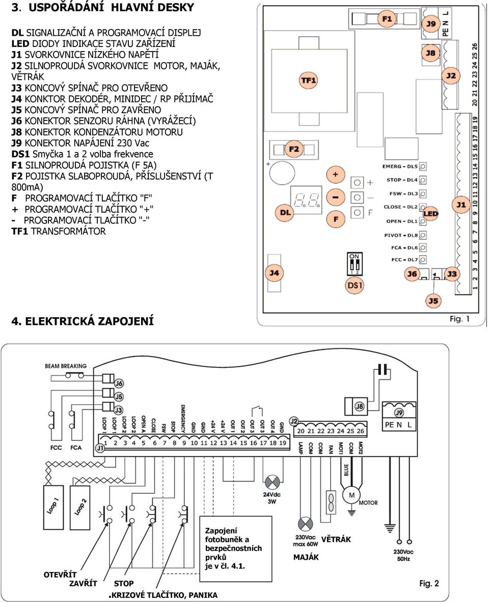 NAPÁJENÍ 230 Vac DS1 Smyčka 1 a 2 volba frekvence F1 SILNOPROUDÁ POJISTKA (F 5A) F2 POJISTKA SLABOPROUDÁ, PŘÍSLUŠENSTVÍ (T 800mA) F PROGRAMOVACÍ TLAČÍTKO "F" + PROGRAMOVACÍ TLAČÍTKO