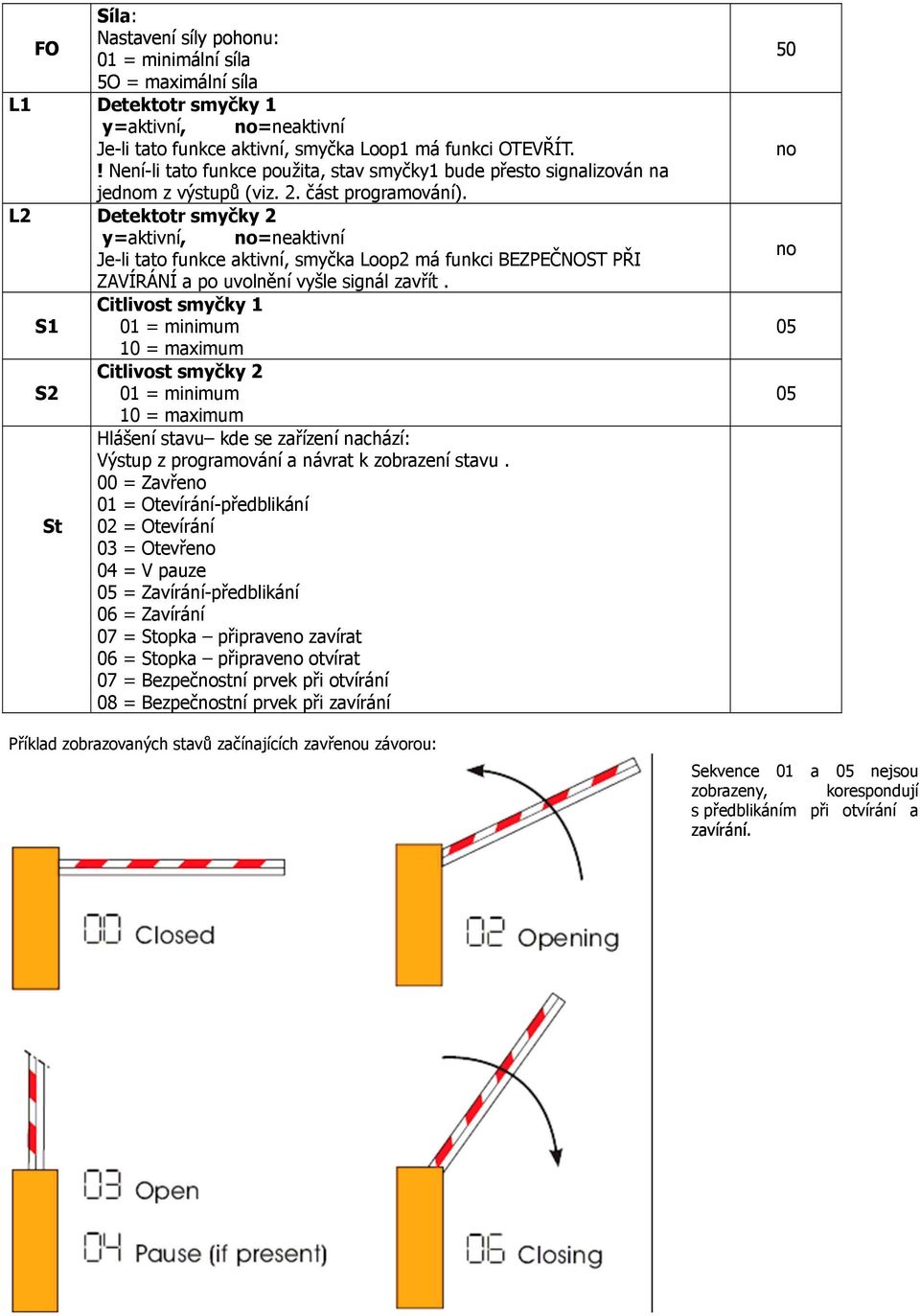 L2 Detektotr smyčky 2 y=aktivní, no=neaktivní Je-li tato funkce aktivní, smyčka Loop2 má funkci BEZPEČNOST PŘI ZAVÍRÁNÍ a po uvolnění vyšle signál zavřít.