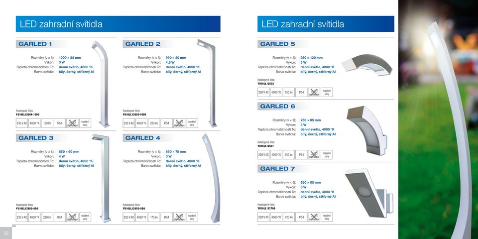 lm IP54 4000 K 280 lm GARLED 3 GARLED 4 IP54 Rozměry (v š): 260 85 mm Výkon: 3 W Barva svítidla: bílý, černý, stříbrný Al YU16LL12501 Rozměry (v š): 850 60 mm Výkon: 4 W Barva svítidla: bílý, černý,