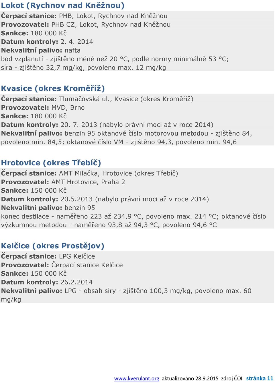 12 mg/kg Kvasice (okres Kroměříž) Čerpací stanice: Tlumačovská ul., Kvasice (okres Kroměříž) Provozovatel: MVD, Brno Sankce: 180 000 Kč Datum kontroly: 20. 7.