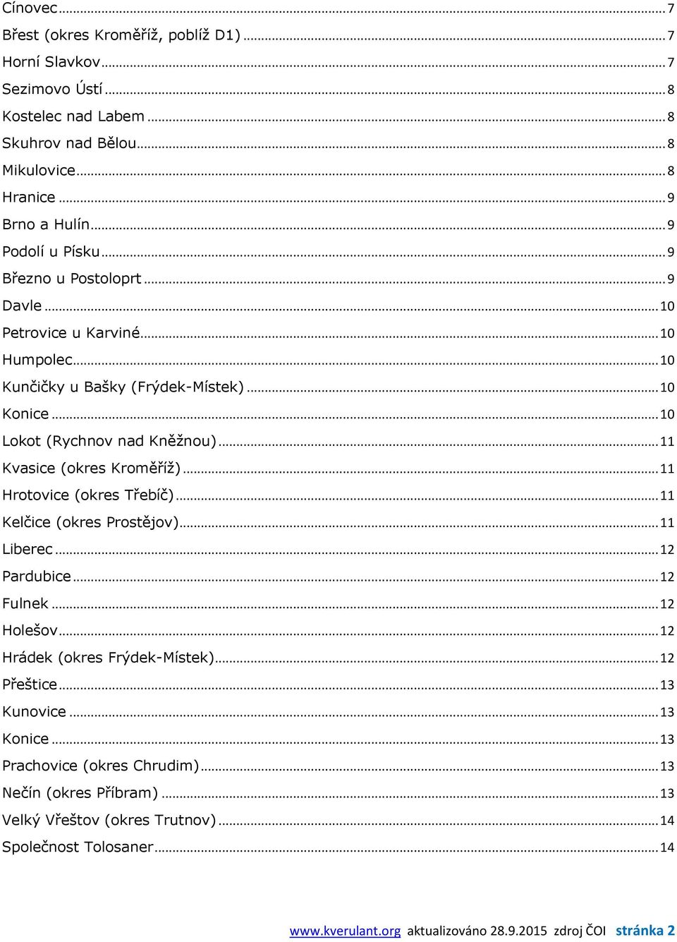 .. 11 Kvasice (okres Kroměříž)... 11 Hrotovice (okres Třebíč)... 11 Kelčice (okres Prostějov)... 11 Liberec... 12 Pardubice... 12 Fulnek... 12 Holešov... 12 Hrádek (okres Frýdek-Místek).