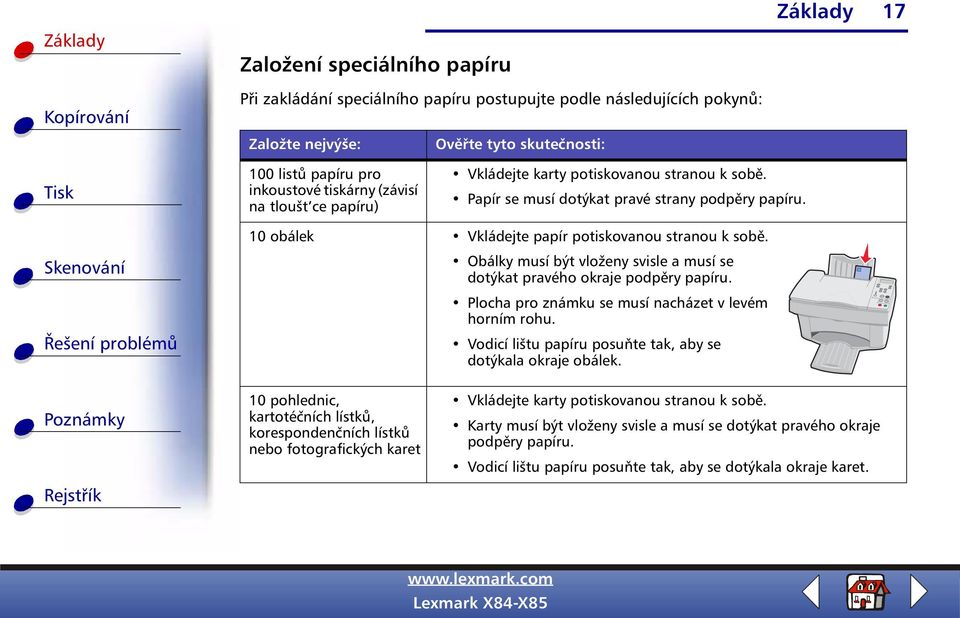 Obálky musí být vloženy svisle a musí se dotýkat pravého okraje podpěry papíru. Plocha pro známku se musí nacházet v levém horním rohu. Vodicí lištu papíru posuňte tak, aby se dotýkala okraje obálek.