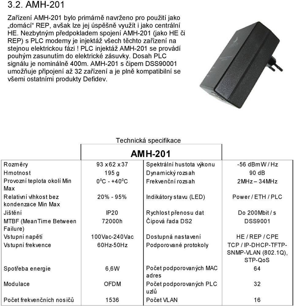 PLC injektáž AMH-201 se provádí pouhým zasunutím do elektrické zásuvky. Dosah PLC signálu je nominálně 400m.