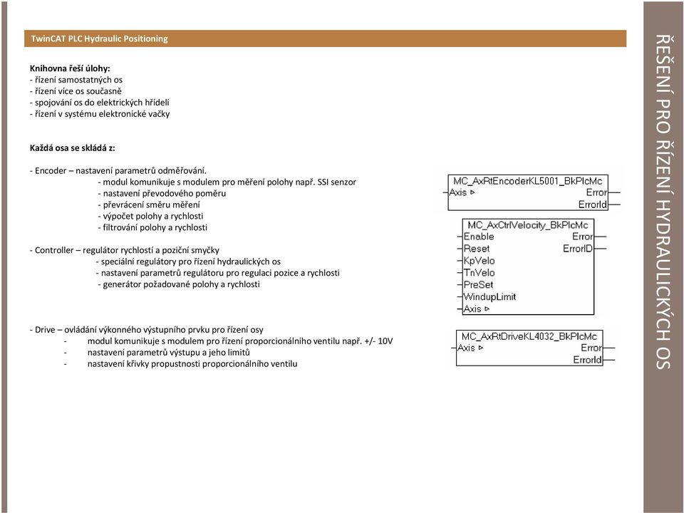 SSI senzor -nastavenípřevodového poměru -převrácení směru měření -výpočet polohy a rychlosti -filtrovánípolohy a rychlosti -Controller regulátor rychlostía pozičnísmyčky -speciálníregulátory pro